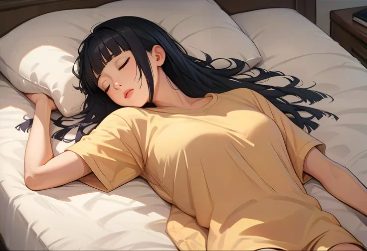 Score_9, score_8_up, score_7_up, score_6_up, score_5_up, score_4_up, 1girl, Himari, black hair,   lying in bed, sleeping, yellow oversized shirt, blanked, closed eyes,  snuggle up, solo, short sleeves,   <lora:Himari:0.8>