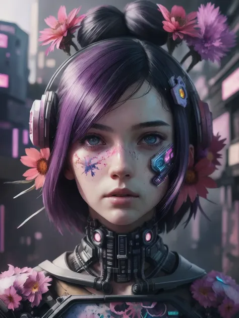 art,watercolor portrait of a 1girl, flowers, watercolor, incredibly highly detailed, (cyberpunk:1.2), super realistic, illustration, 3d render, poster, painting, exciting, epic composition