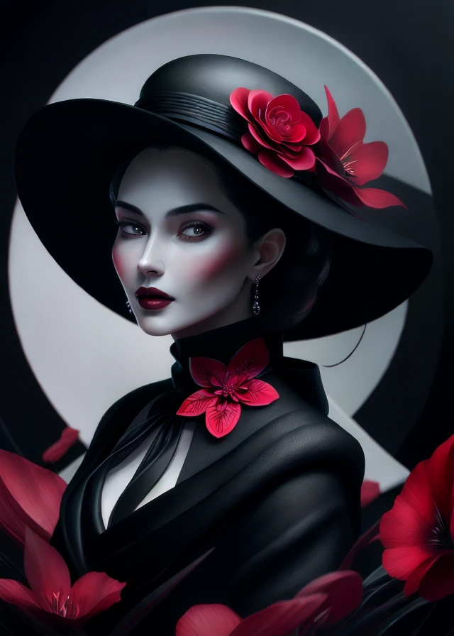 art,A mesmerizing hyper-realistic digital painting of an elegant and sophisticated woman, seamlessly blending elements of photography, painting, and illustration. Clad in a timeless black and white outfit, she exudes grace with a hat adorned with a bold re...