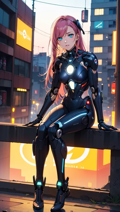 (best quality, masterpiece, highres:1.2)full body photo, 1girl, mechanical arms, cyborg, dark mood, dystopia, glowing, looking at viewer, sitting, long hair, bokeh (intricate details, hyperdetailed:1.15), detailed, moonlight passing through hair, (official...