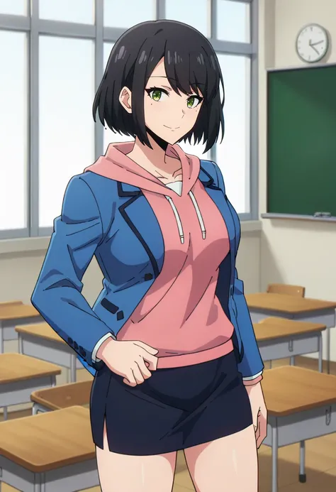 score_9, score_8_up, score_7_up,
<lora:SoloLeveling_HanSong-YiXL:0.8>, HanSongYiSL, 
1girl, solo, closed mouth, light smile,
black hair, medium hair, green eyes, mole under eye,
SongYiSchool, school uniform, blue blazer, pink hoodie, pencil skirt, black sk...