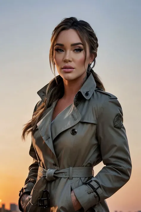 photo of S418_JessicaWilde,a stylish woman,in a (city:1.1),wearing a (trench-coat:1.1),(braid),(sunset),(4k, RAW photo, best quality, 50mm, depth of field, ultra high res:1.1),(intricate, photorealistic, cinematic-shot, masterpiece, ultra-detailed:1.1),