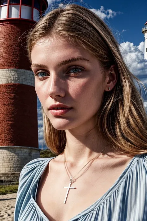 European woman, closeup, (shirt), pants, (beach lighthouse), cross necklace , ZM_christina , wide shoulders, perfect face, (contact iris: 1.1), pale skin, skin pores , depth of field