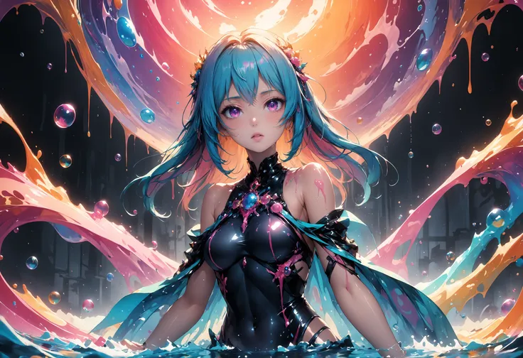 (anime) liquid environment, splashes, drips, colorful bubbles, beautiful girl, poster quality, sublime art, intricate and suggestive, (highres, highly detailed:1.2), cinematic lighting, vibrant colors