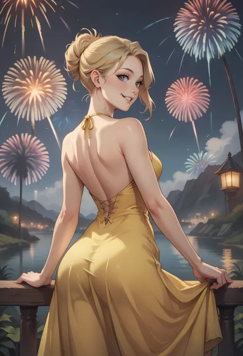 score_9, score_8_up, score_7_up, BREAK from behind, 1girl, blonde hair, smile, looking back, yellow sundress, yellow dress, bare shoulders, fireworks