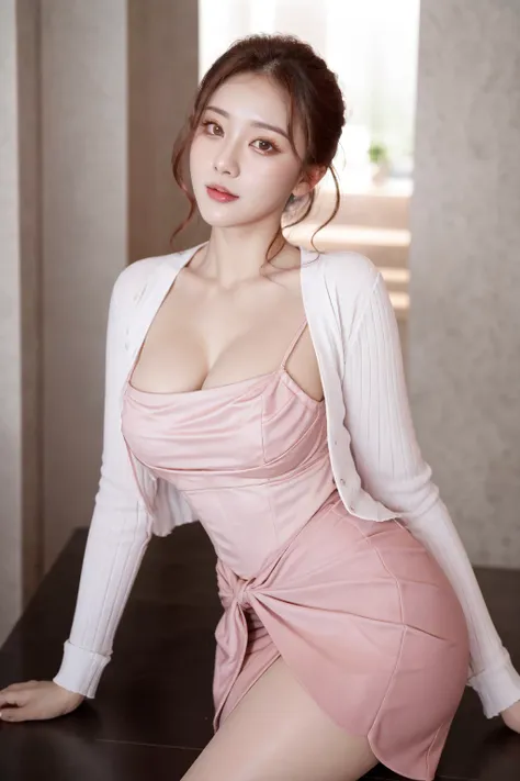 ((best quality)), absurdres, ((ultra high res)), perfect face, beautiful face, white shirt, dress with pink skirt, mature female, soft lighting, perfect female body, perfect skin, soft skin, <lora:officeL:0.65>