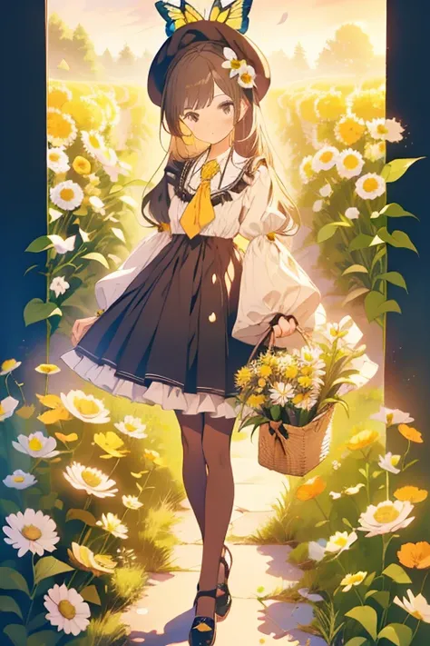 illustration,butterfly,flower,1girl,long hair,hat,yellow flower,necktie,holding,frills,dress,bangs,pantyhose,black footwear,black headwear,skirt,ribbon,daisy,full body,pink bow,<lora:illustration_20240520235257-000003:0.7>,border,colorful,incredibly absurd...