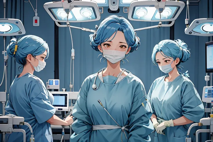 (RAW photo, best quality), operating room, overhead surgical light,blurred background, focused, dithering,backlighting,
 <lora:Mitsuwa_Shirai_V1.0-000005:0.58> mitsuwa shirai, 1girl, solo, mature female,blue hair,yellow eyes,
 <lora:surgical_Op_Scene_V1.0:...