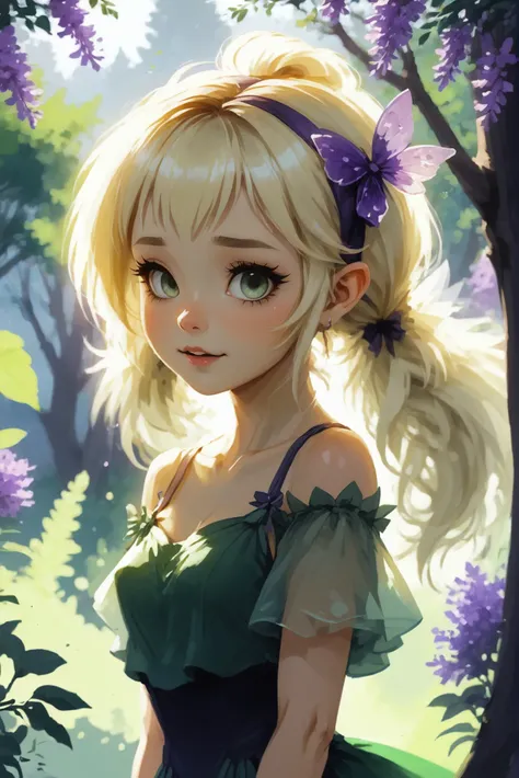 soft digital painting, cute, anime style, 1girl, woman, lavender skin, f/1.4 lens, bokeh, tiny Oregon Myrtle tree fairy empress, see-through gossamer, bombshell hair, blonde hair, Hair Bow, shiny lawngreen clothes, hourglass figure, (dark skin:1.3)<lora:En...