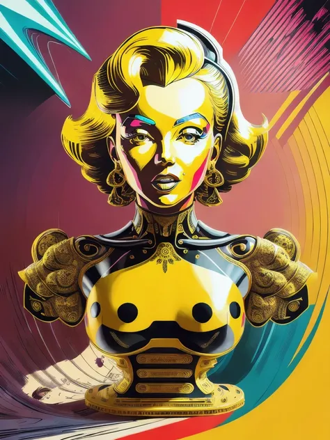 art,A colorful comic-style linocut illustration of a captivating pop art-inspired composition, portraying the iconic Marilyn Monroe transformed into a futuristic robotic head with a metallic yellow hue. The intricate patterns and designs intricately adorn ...