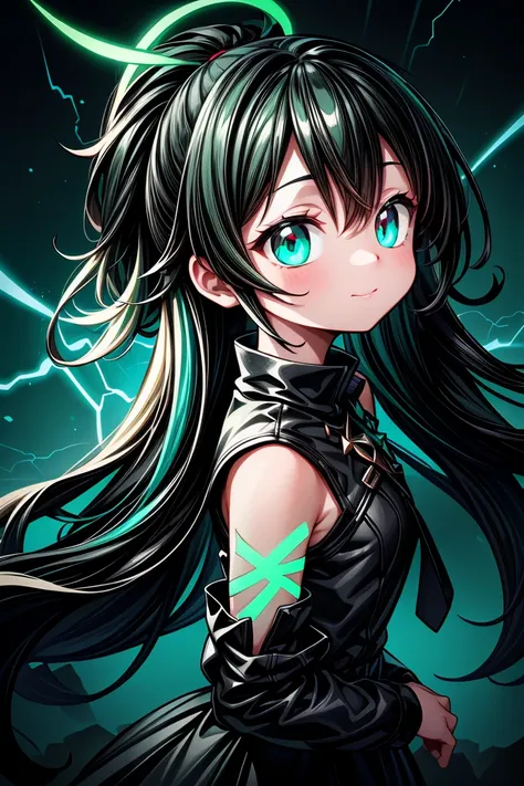 (multicolored_eyes,multicolored_backgroud:1.3),masterpiece,professional_artwork,(cover,album_art,extremely_high_quality_artwork:1.3),best_quality,(black and green theme:1.3),1girl,solo,long_hair,from_side,light_smile,closed_mouth,((Breathtaking)), ((Master...