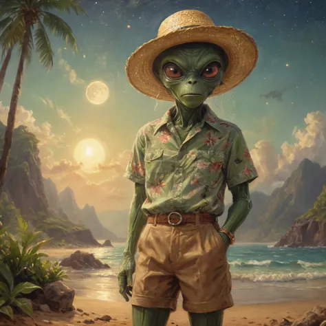 1950's painting of alien from mars, taking vacation to earth, shorts with a button up hawaii shirt, small straw hat