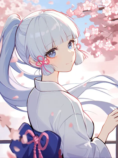 1girl, 
kamisato ayaka,  
solo, white shirt, sakura, cherry blossoms, front view, blue eyes, japanese clothes, upper body, looking at viewer, petals, closed mouth, ponytail, falling petals, grey hair, blunt bangs, long hair, light smile, shirt, from side, ...