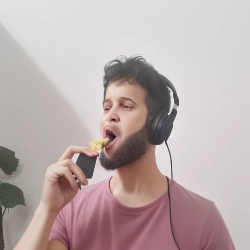 m0ntaner, looking to camera, black hair, eating, building