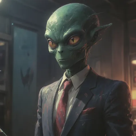 alien in a suit

, (, 80s anime screencap, artistic rendition with wide brush strokes, anime comic:1.5),

, cinematic lighting, volumetric lighting, Film grain, cinematic film still, shallow depth of field, highly detailed