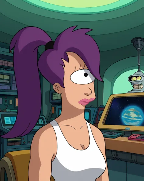 score_9, score_8_up, score_7_up, zPDXL, Leela, purple hair, one-eyed, cyclops, circle eyes, overbite, dot pupil, closes mouth, source_cartoon, futuramastyle, 1girl, solo, long hair, ponytail, makeup, parody, lipstick, interior spacecraft<lora:Futurama_Styl...