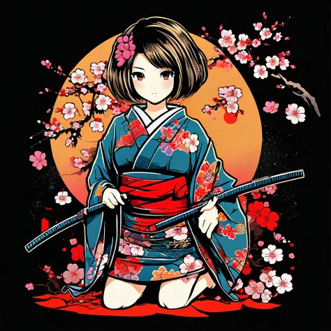 (masterpiece, best quality), chibi style, sexy girl, big breasts, kimono,  sakura flower, t-shirt design, dark blackground <lora:chibi_style-000003:1>