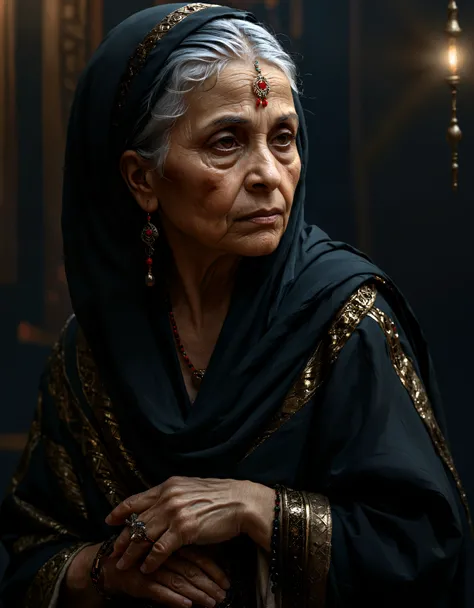 (zavy-ldprtrt), ancient Arabian costume, old woman, side soft light, Dark environment, black over black, highly detailed, masterful painting in the style of Anders Zorn and  Aleksi Briclot, oil on canvas