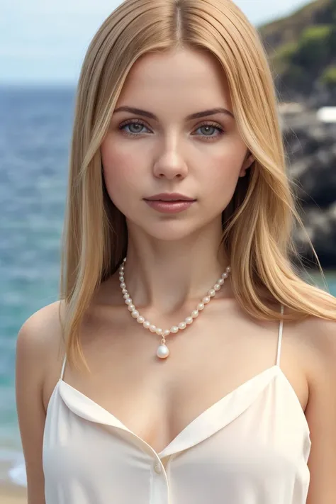 European woman, closeup, (shirt), pants, (catalina island), pearl necklace , ZM_alice, wide shoulders, perfect face, (contact iris: 1.1), pale skin, skin pores , depth of field