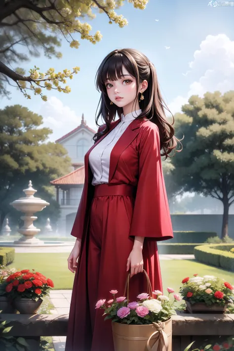 (((masterpiece))), (((best quality))), anime style, 2d, a woman in a red suit standing in a garden with flowers and trees in the background, with a fence and flowers in the foreground, Ayami Kojima, trending on art station, a detailed painting, sots art,