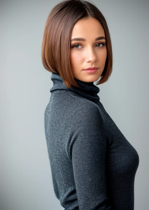 a captivating masterpiece of an woman, (dressed in a turtleneck dress), ((upper body)), blurred background, facing camera, shallow depth of field,   <lora:MS_Rissa_May_V3_1:0.8>