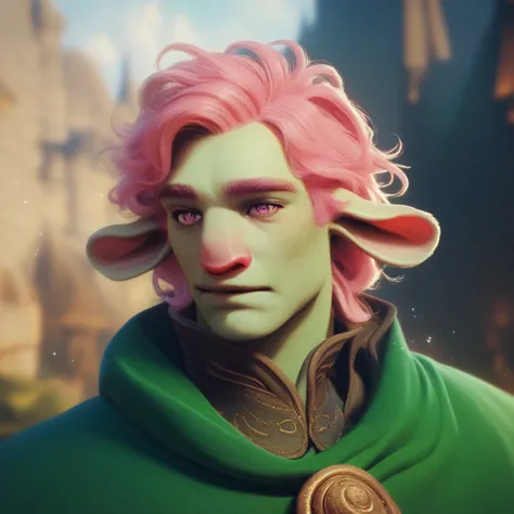 (((beautiful, high quality))), score_9, score_8_up, score_7_up, Firbolg, furry, big nose, big nose, animal ears, 1boy, male focus, green skin, pink hair, pink eyes, green cape, fantasy background, blurred background,