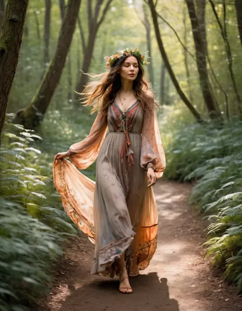 Jana, the woman, walks confidently along the mysterious enchanted forest path, her bohemian garb billowing in the breeze like a fairytale heroine, as she immerses herself fully into natures ethereal embrace while wearing her whimsical boho-inspired ensembl...