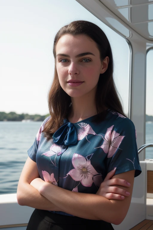 candid portrait of a beautiful young woman, on a yacht, floral blouse, iridescent