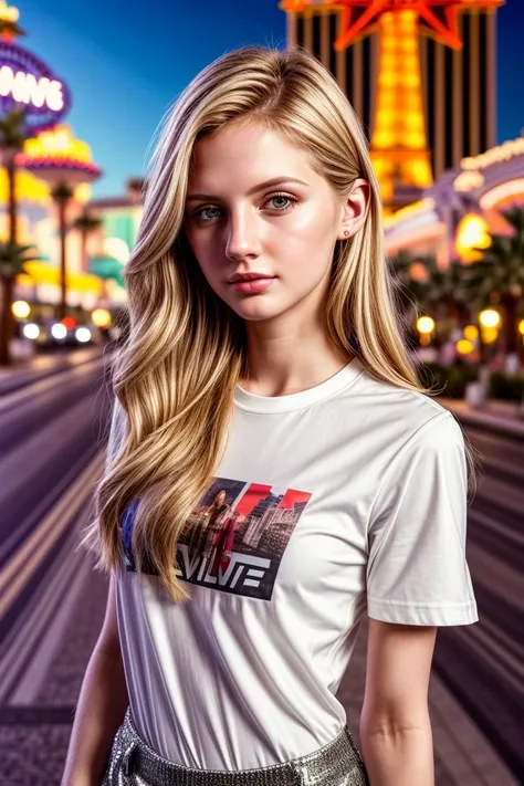 European woman, closeup, (shirt), pants, (las vegas strip), (), ZM_denise, wide shoulders, perfect face, (contact iris: 1.1), pale skin, skin pores , depth of field