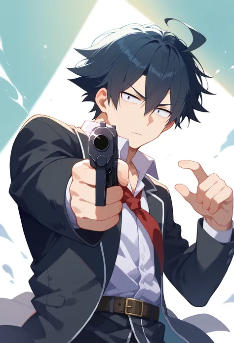 score_9, score_8_up, score_7_up, source anime, hikigaya hachiman, 1boy, ahoge, belt, black hair, sanpaku, black jacket, blazer, collared shirt, hair between eyes, school uniform, sobu high school uniform, white shirt, short hair,, holding gun, aiming, aimi...