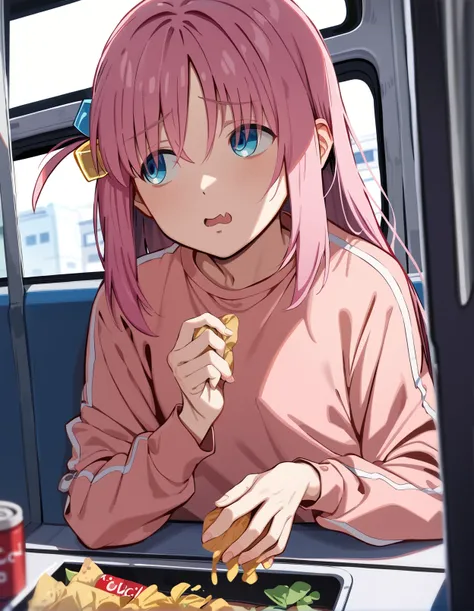 score_9, score_8_up, score_7_up, 1girl sitting in a bus interior, eating potato chips, window, looking away, open mouth, bocchi the rock!, cube hair ornament, pink hair, 
 <lora:onizuka_naoshi_style_pony6_v1-000036:1>,