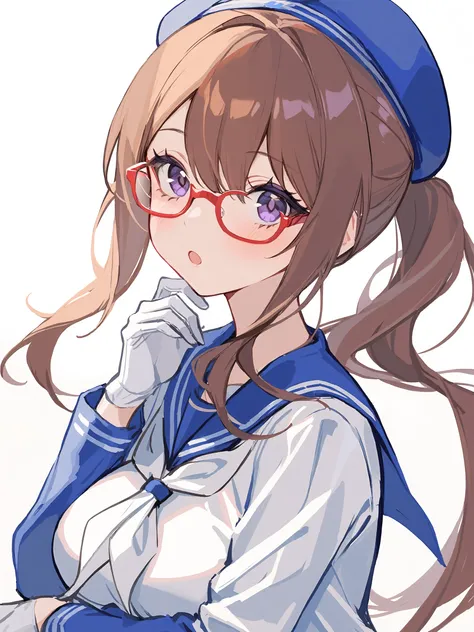 1girl, 
solo, white background, white neckerchief, :o, long sleeves, purple eyes, blue hat, upper body, beret, sidelocks, brown hair, gloves, hand on own chin, simple background, neckerchief, ponytail, large breasts, breasts, looking at viewer, bespectacle...