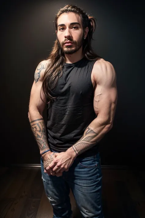 Cr1TiKaL, shirt, sleeveless shirt, tattoos, muscles, black background, looking at you, jeans, beard, black hair<lora:EMS-93-EMS:1.000000>, <lora:EMS-379360-EMS:0.800000>