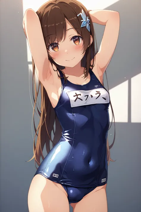 score_9,score_8_up,score_7_up,masterpiece,best quality,very aesthetic,absurdres,official art,official style,
yuuki mikan,1girl,solo,swimsuit,brown hair,school swimsuit,armpits,one-piece swimsuit,long hair,smile,breasts,small breasts,covered navel,blush,loo...