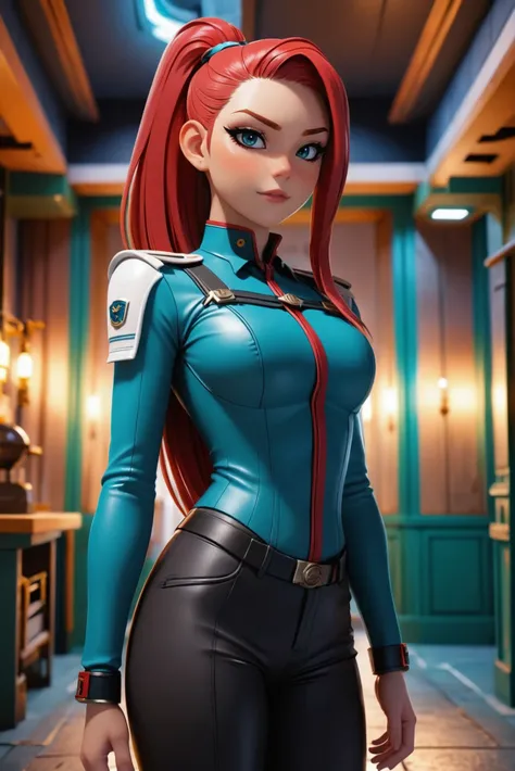 cgi, anime style, Servants Quarters (room) in a vertical,historic fantasy town beyond the end of time,1girl, woman, scifi, starship pilot, full body, wearing skin-tight uniform, bombshell hair, crimson hair with aqua highlights, ponytail, midnightblue clot...