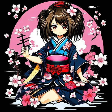 (masterpiece, best quality), chibi style, 1 girl, sexy girl, kimono,  sakura flower, NFSW, t-shirt design, dark blackground <lora:chibi_style-000002:1>