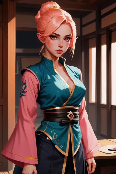 rough brushy digital painting, sketch, 1girl, woman, elf samurai villainess, bombshell hair, matte color:lightsalmon metal hair, bombshell hime cut, darkblue clothes, average figure, japanese,Quiet Room (room) <lora:EnvyStarlightDigitalPainting03:1>