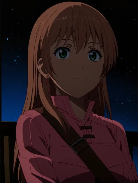 masterpiece, best quality,
anime screencap, cel shading, 
 <lora:remerciernike.sdxl.v2:0.95> 
remerciernike, brown belt, upper body, night, pinkdress, closed mouth, sitting, light smile