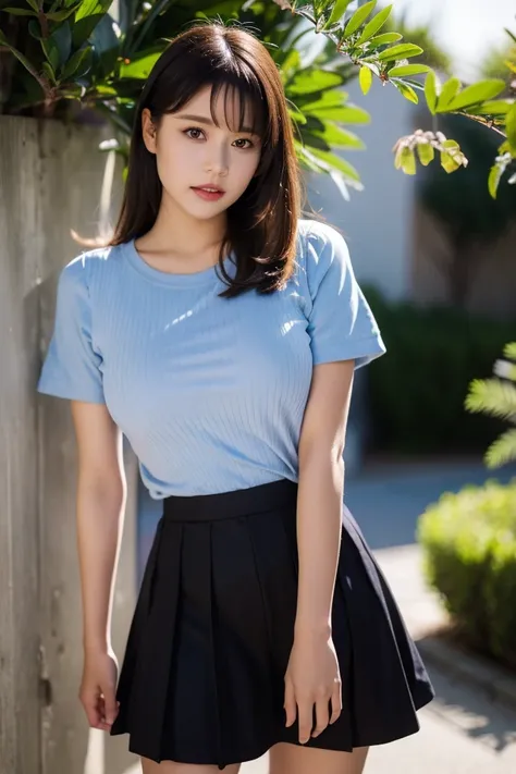 1girl,solo,brown hair,skirt,shirt,blue shirt,floral print,looking at viewer,brown eyes,short sleeves,lips,striped,striped shirt,
best quality,masterpiece,illustration,Amazing,finely detail,masterpiece,official art,incredibly absurdres,huge filesize,ultra-d...