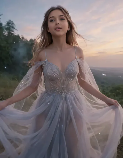 In an unpredictable fantasy world, Ari, the 1girl clad in a magical, ethereal gown adorned with enchanting details, confidently poses effortlessly amidst mystical surroundings that respond to her presence and energy as if they were alive, all captured by a...