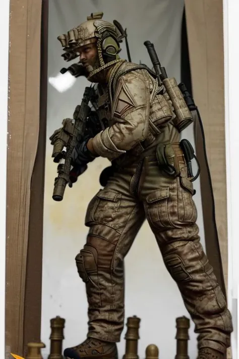 masterpiece,BEST QUALITY, (UPPER BODY:1.5), <lora:DEVGRU:1.0>, (front view), 1 RIFLE, A soldier, DEVGRU MILITARY uniform, AMERICAN FLAG on CHESS PLATE, action pose, in-frame,