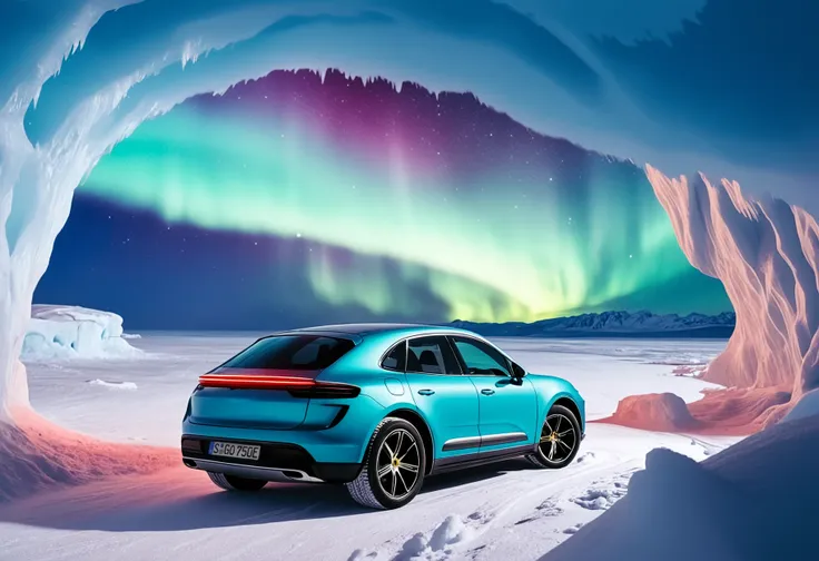 Macan, a (light blue Porsche car:1.2) parked on a 

 , The image depicts a breathtaking view of an aurora-filled sky visible through an icy cave opening. 