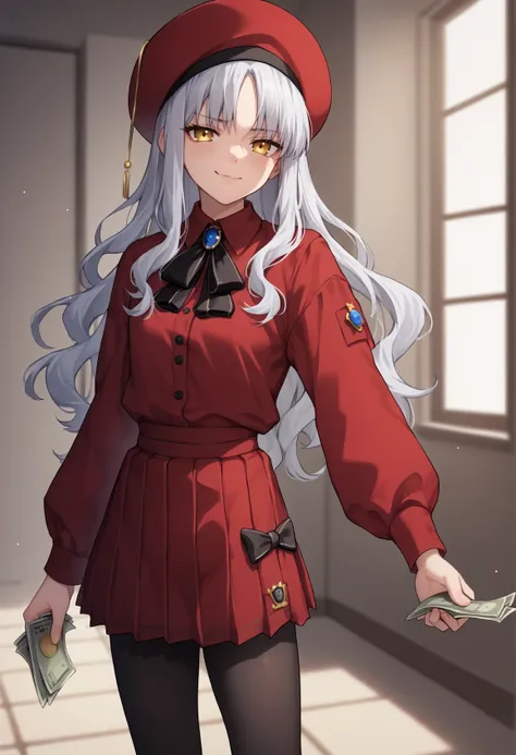 1girl, long hair, grey hair, yellow eyes, beret, red headwear, red blouse, long sleeves, brooch, red skirt, pantyhose, indoors, standing, smug, dollar bill, holding <lora:Amor_Caren_Hortensia_XL:1>, score_9, score_8_up, score_7_up, score_6_up, score_5_up, ...