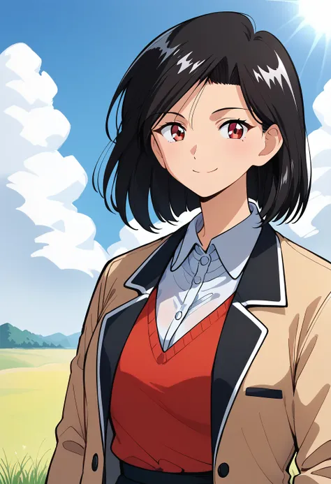 1girl, solo, (field:1.2), (sky:1.2), (sunlight:1.2), smile, upper body,
aitoma_tweny, red eyes, black hair, medium hair, collared shirt,  jacket,  skirt, <lora:aitoma_tweny_pony_ver1:0.8>, score_9, score_8_up, score_7_up, BREAK source_anime, best quality, ...