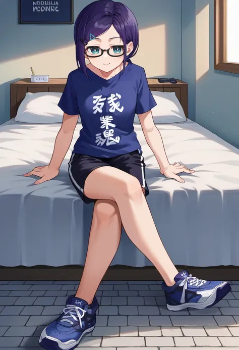 score_9, score_6_up, source_anime, 1girl, solo, on bed, sitting, crossed legs, running, sidewalk, a-chan_3333, blue shirt, clothes writing, black shorts, black-framed eyewear, hairclip, light smile <lora:a-chanXL:1>