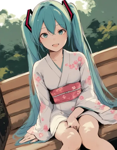 score_9, score_8_up, score_7_up, 1girl sitting in a park bench, dutch angle, smile, open mouth, hatsune miku, japanese clothes, sketch, looking at viewer, dress, floral print, 
<lora:otohime_style_pony6_v1:.7>