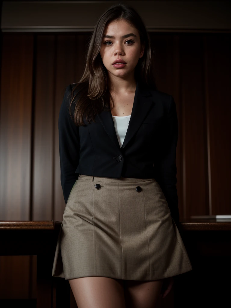 tv_Maria_Jones_MXAI , angry expression, wearing a pencil skirt, wearing a dress shirt, wearing a blazer, standing at the edge of a conference table, shot from below, ((cowboy shot)), PA7_Portrait-HL_v2, (((Ultra-HD-details, Ultra-HD-detailed, Ultra-HD-real...