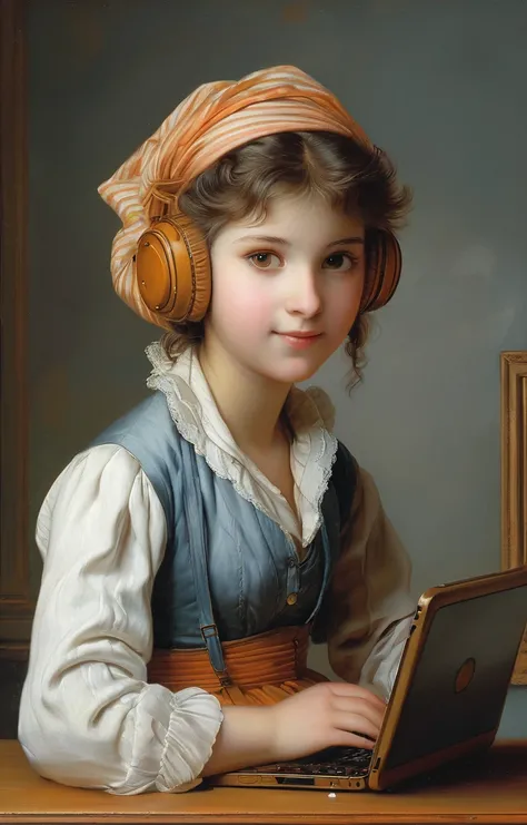 masterpiece,best quality,<lora:tbh152-sdxl:0.8>,illustration,style of Élisabeth Vigée-Lebrun tech genius teenage girl