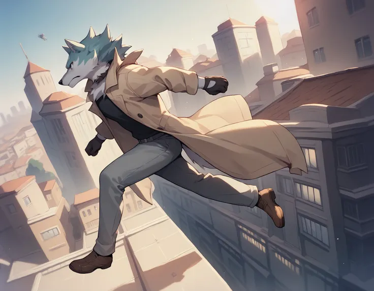 score_9, score_8_up, score_7_up, <lora:ShirouOgamiPonyXL:1>, shirou ogami, wolf anthro, solo focus, running, jumping across a building, rooftop, day, sunlight, trenchcoat, black shirt, collar, gloves, grey pants, brown shoes, crowd, side view, dutch angle