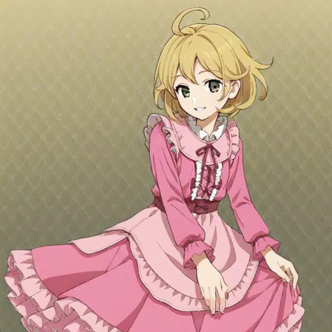 1girl, solo, blonde hair, brown eyes, short hair, ahoge, smile, parted lips, pink dress, frills, long sleeves,